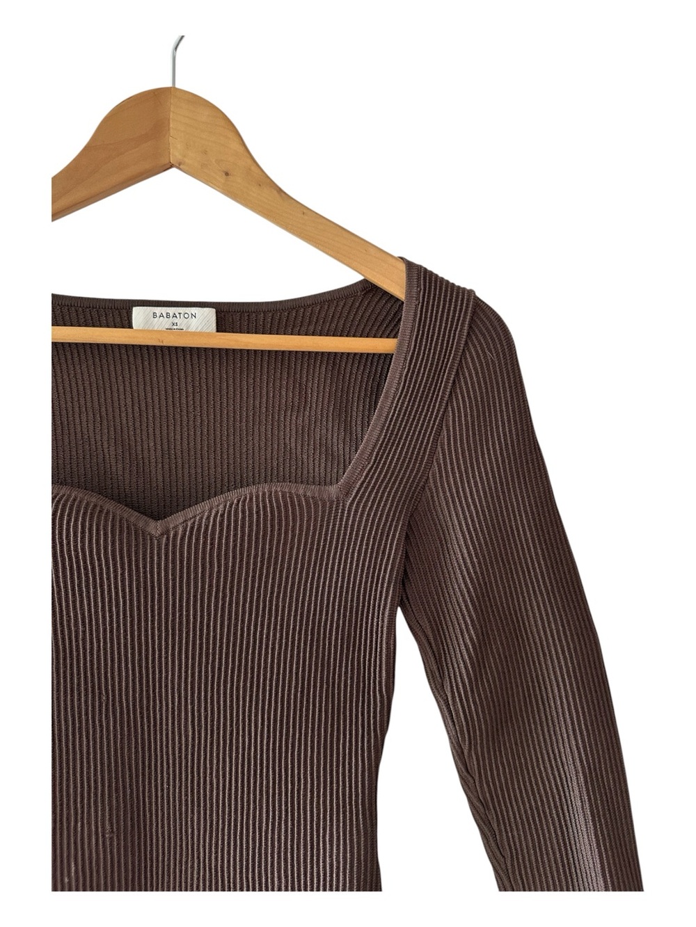 Babaton Aritzia XS Sculpt Knit Sweetheart Long Sleeve Top Brown Ribbed - Picture 5 of 10